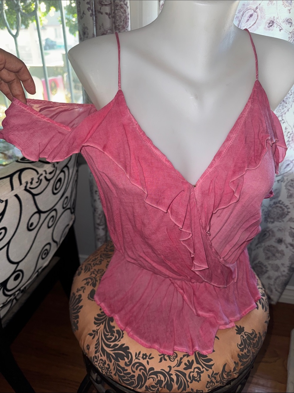 On The Road Pink Ruffle Cold-Shoulder Camisole